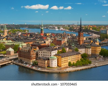 Panoramic view on the Old City of Stockholm, classical skyline;