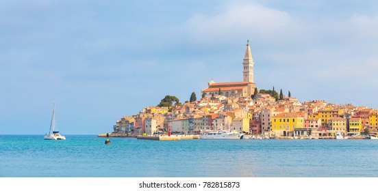 Panoramic view on old town Rovinj from harbor. Istria peninsula, Croatia