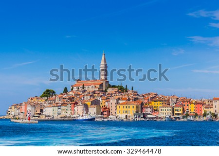 Panoramic view on old town Rovinj from harbor. Istria peninsula, Croatia