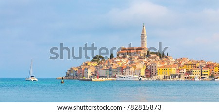 Panoramic view on old town Rovinj from harbor. Istria peninsula, Croatia