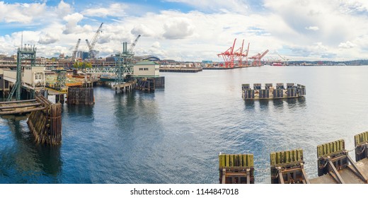Panoramic View On Seattle Shipping Port From The Ferry Terminal