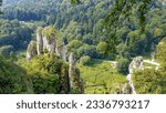 A panoramic view on Skala Biala Reka (the White Hand rock) in the Ojcow National Park near Krakow, Lesser Poland, Poland. Tatra mountains. Limestone rock formation. Jurassic Krakow-Czestochowa Upland