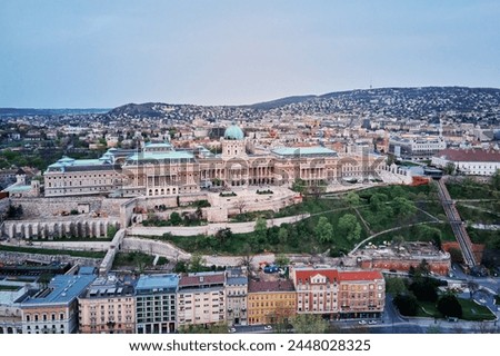 Panoramic view on skyline of Budapest. Aerial view of Grand Buda Castle in capital of Hungary