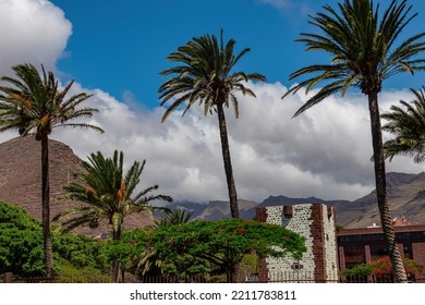 Panoramic view on the tower Torre del conde at the island capital San Sebastian de La Gomera, La Gomera, Canary Islands, Spain, Europe. High tropical palm trees winding