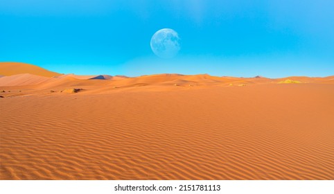 Panoramic View Of Orange Sand Dune Desert With Clear Blue Sky At Namib Desert - Namibia