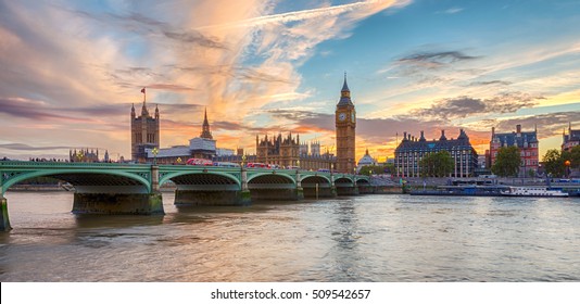 Panoramic View Ot Westminster And Big Ben In London During A Colorful Sunset