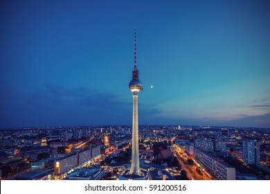 Panoramic view over Berlin at evening from the roof of the Hotel Park Inn Berlin, Vintage filtered style