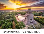 Panoramic view over the city of Leipzig with the Monument to the Battle of the Nations at sunset in Leipzig, Saxony, Germany