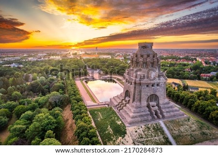 Panoramic view over the city of Leipzig with the Monument to the Battle of the Nations at sunset in Leipzig, Saxony, Germany