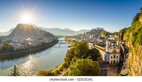 Panoramic View Over City Salzburg At Summer Morning, Salzburg, Austria 