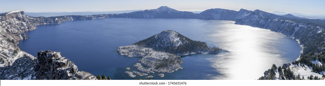 Panoramic view over Crater Lake National Park in winter, Oregon, USA.