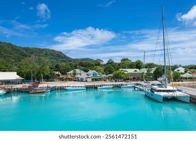 Panoramic View Over The Ferry Harbor Of La Passe On La Digue Island, Seychelles