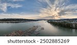 Panoramic View over Fraser River at sunset. Vancouver, BC, Canada.