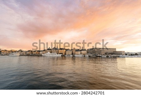 Panoramic view over Gamla Stan, Stockholm Old Town with colorful clouds on a summer night
