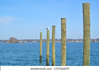 Panoramic View Over Greenwich Cove From Tods Point, Greenwich, CT, USA, Poles In Forefront