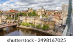 Panoramic view over the historic city center from the Tyne Bridge in Newcastle, England