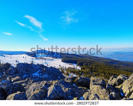 Panoramic view over mountain ridges and evergreen forest with a distant valley under a clear blue sky, photographed in winter in the Vitosha Mountains near Sofia, Bulgaria.