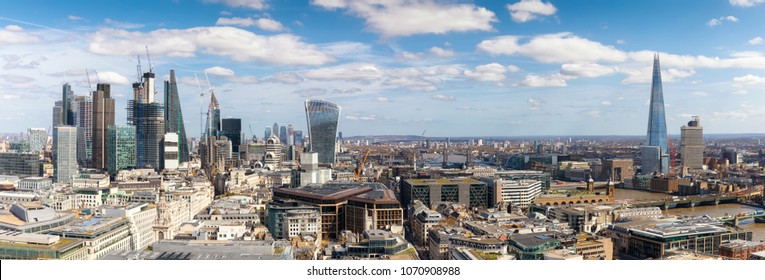 Panoramic View Over The New Skyline Of London During A Sunny Day, United Kingdom