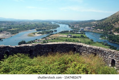 Panoramic View Over Northern Albania From The Rozafa Castle. Buna And Drin Rivers, Landscape With Hills On A Gorgeous Summer Day, Stone Walls Of The Fortress. Taken Mid-July.