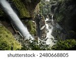 panoramic view of the Pailon del Diablo waterfall and its iconic stairs in Baños de Agua Santa, Tungurahua province, Ecuador.