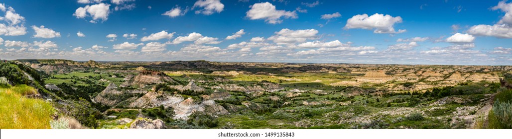 A panoramic view from the Painted Canyon Overlook in the South Unit of Theodore Roosevelt National Park near Medora, North Dakota.