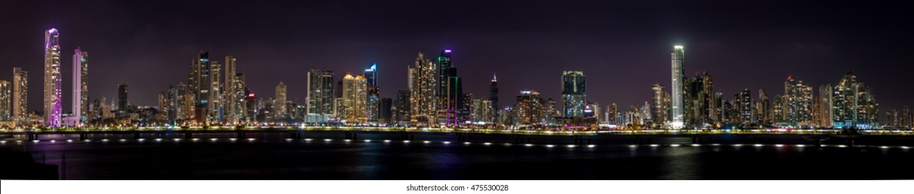 Panoramic view of Panama City Skyline at night - Panama City, Panama