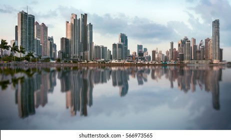 Panoramic View Of Panama City Skyline With Cloudy Sky