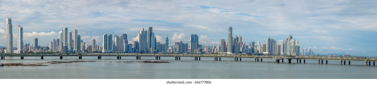 Panoramic View Of Panama City Skyline With Skyscrapers And Cinta Costera (Coastal Beltway) - Panama City, Panama