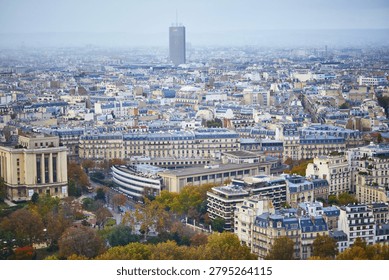 Panoramic view of Paris from the Eiffel Tower with autumn trees, historic rooftops, dense urban architecture, and Montparnasse Tower in the misty distance