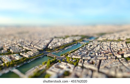 Panoramic view of Paris, France. Miniature tilt shift lens effect.