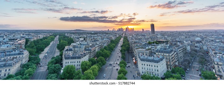 Panoramic View Of Paris Skyline With La Defense From Top Of Arc Triomphe