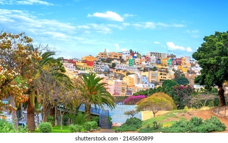 Panoramic view from park of old uptown with colorful houses in Las Palmas. Gran Canaria, Canary Islands, Spain - Shutterstock ID 2145650899