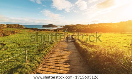 panoramic view of a path to the beach through the countryside on a sunny summer day. relac and vacation concept.