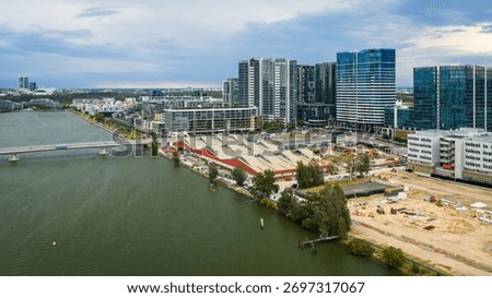 Panoramic view from the Peninsula Park construction site at Wentworth Point toward Liberty Grove across the Parramatta River