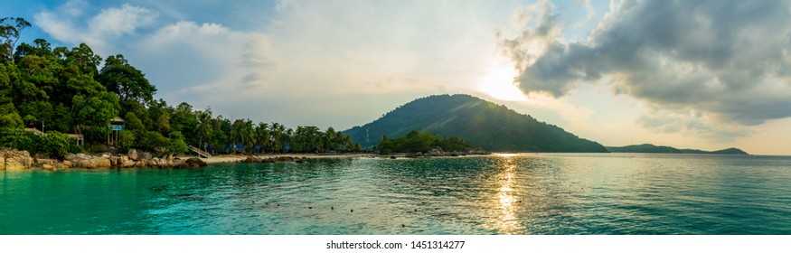 a panoramic view of Perhentian Kecil from Perhentian Besur at sunset, Perhentian Islands, Malaysia