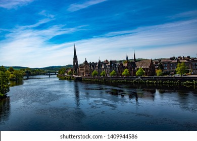 Panoramic view of Perth town. River Tay, Scotland, UK.