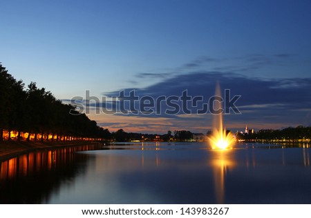 Panoramic view of Pfaffenteich lake and Schwerin city at evening, Mecklenburg-Vorpommern region, Germany