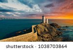 Panoramic view of Phare du Petit Minou in Plouzane with beautiful warm light at sunset. Brittany, France. 