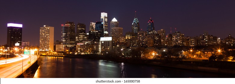 Panoramic View Of Philadelphia Skyline  By Night