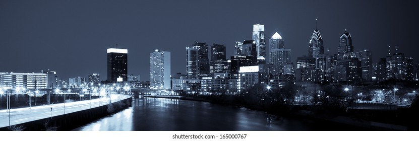 Panoramic View Of Philadelphia Skyline  By Night