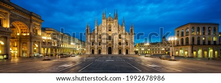 Panoramic view of Piazza del Duomo (Cathedral Square) at night, Milan, Italy
