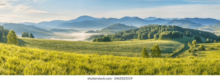 Panoramic view of a picturesque valley in the morning light, fog, meadows and morning light, spring rural landscape - Powered by Shutterstock