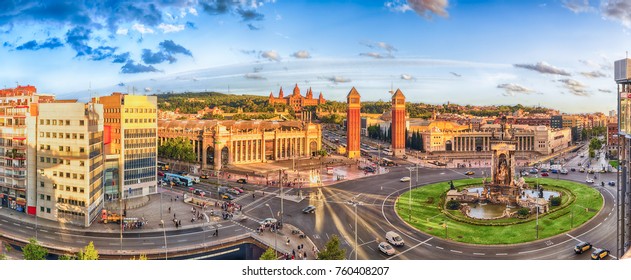 Panoramic view of Placa d'Espanya. This iconic square is located at the foot of Montjuic and it's a major landmark in Barcelona, Catalonia, Spain
