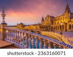 Panoramic view of Plaza de Espana in Seville, Andalusia, Spain at sunset