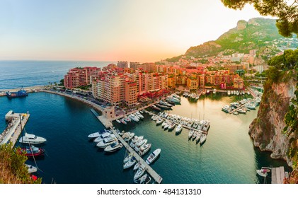 Panoramic View Of Port De Fontvieille In Monaco. Azur Coast. Colorful Bay With A Lot Of Luxury Yachts In Sunset.