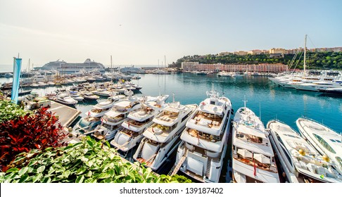 Panoramic View Of Port In Monaco, Luxury Yachts In A Row