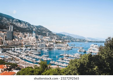 Panoramic view of port in Monaco, luxury yachts in a row