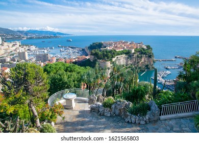Panoramic view of Port and Prince's palace in Monte Carlo and Oceanographic Museum in a summer day, Monaco. French riviera. Mediterranean Sea landscape with beautiful blue sky