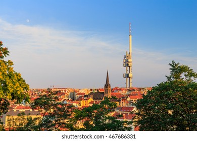 Panoramic view of Prague with red roofs and Zizkov television tower in the background, Prague, Czech republic