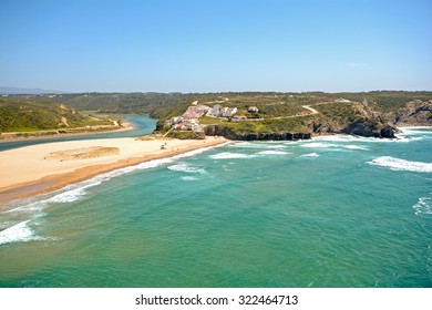 Panoramic view to Praia de Odeceixe, Surfer beach on the West coast of Algarve, District Aljezur Portugal Europe